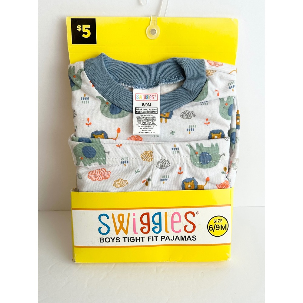 Swiggles Boys Tight Fit Pajamas Lion Elephant Print Cotton 2 Piece Set 6/9M NEW